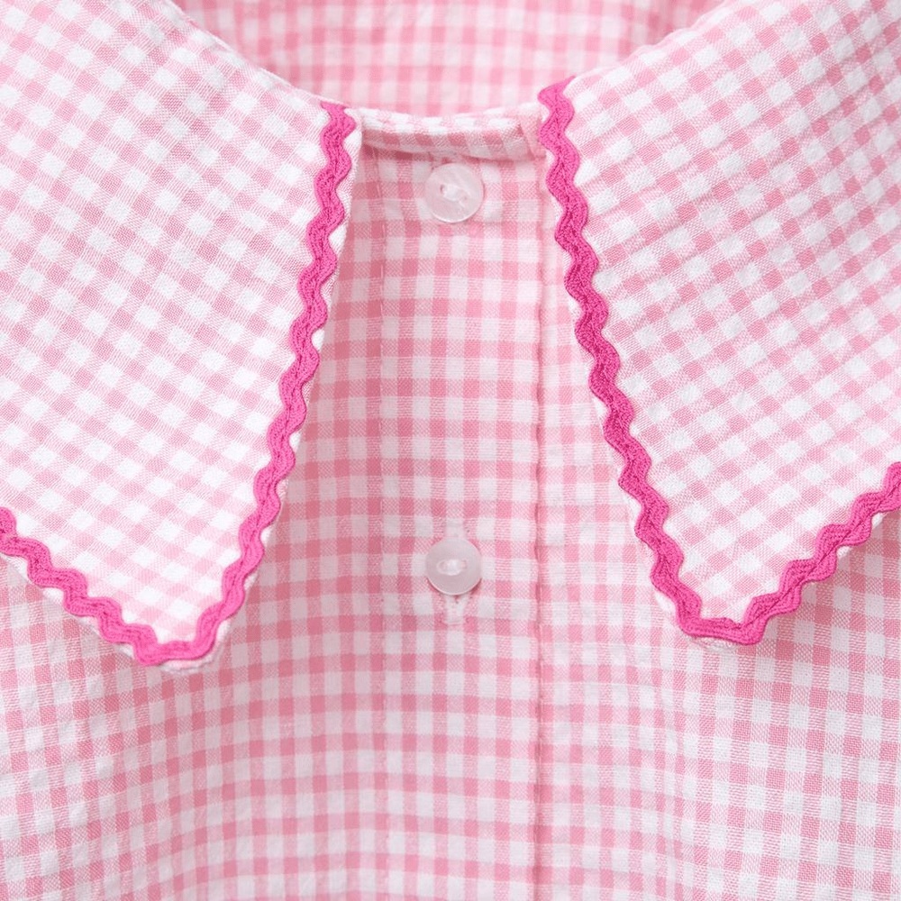 Zara Girls Pink Gingham Button-Up Blouse with Peter Pan Collar - Size 5 - Picture 3 of 9